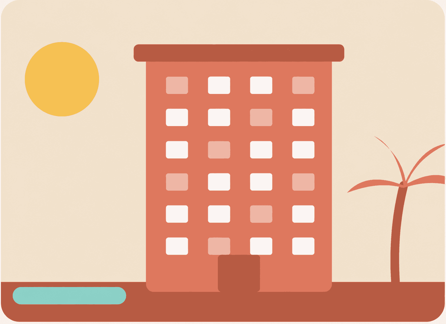 Illustration of a coral city hotel beneath a yellow sun