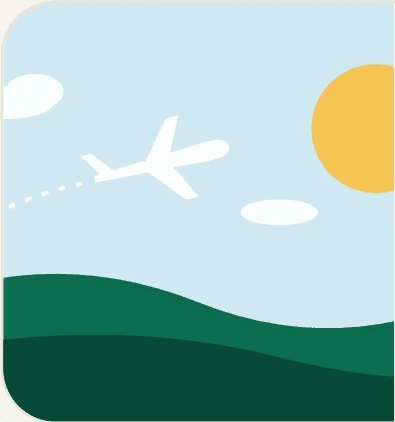 Illustrated aircraft above green hills