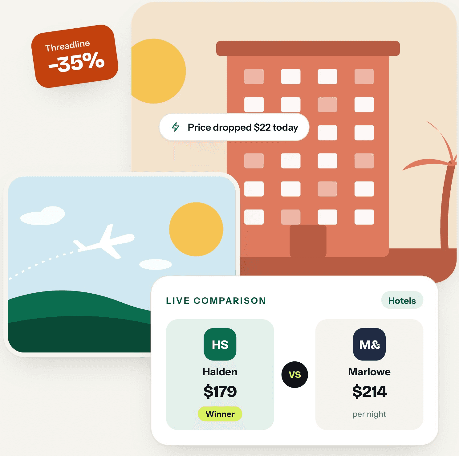 Hotel, flight and brand comparison illustrations with Halden Suites as the price winner