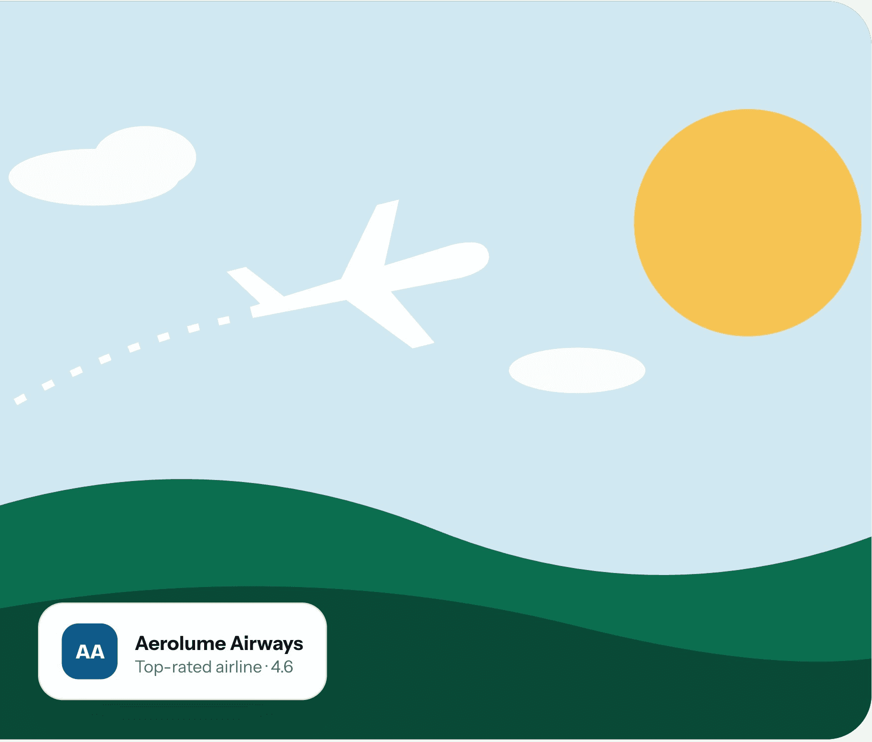 Illustration of a flight over green hills with Aerolume Airways rated 4.6
