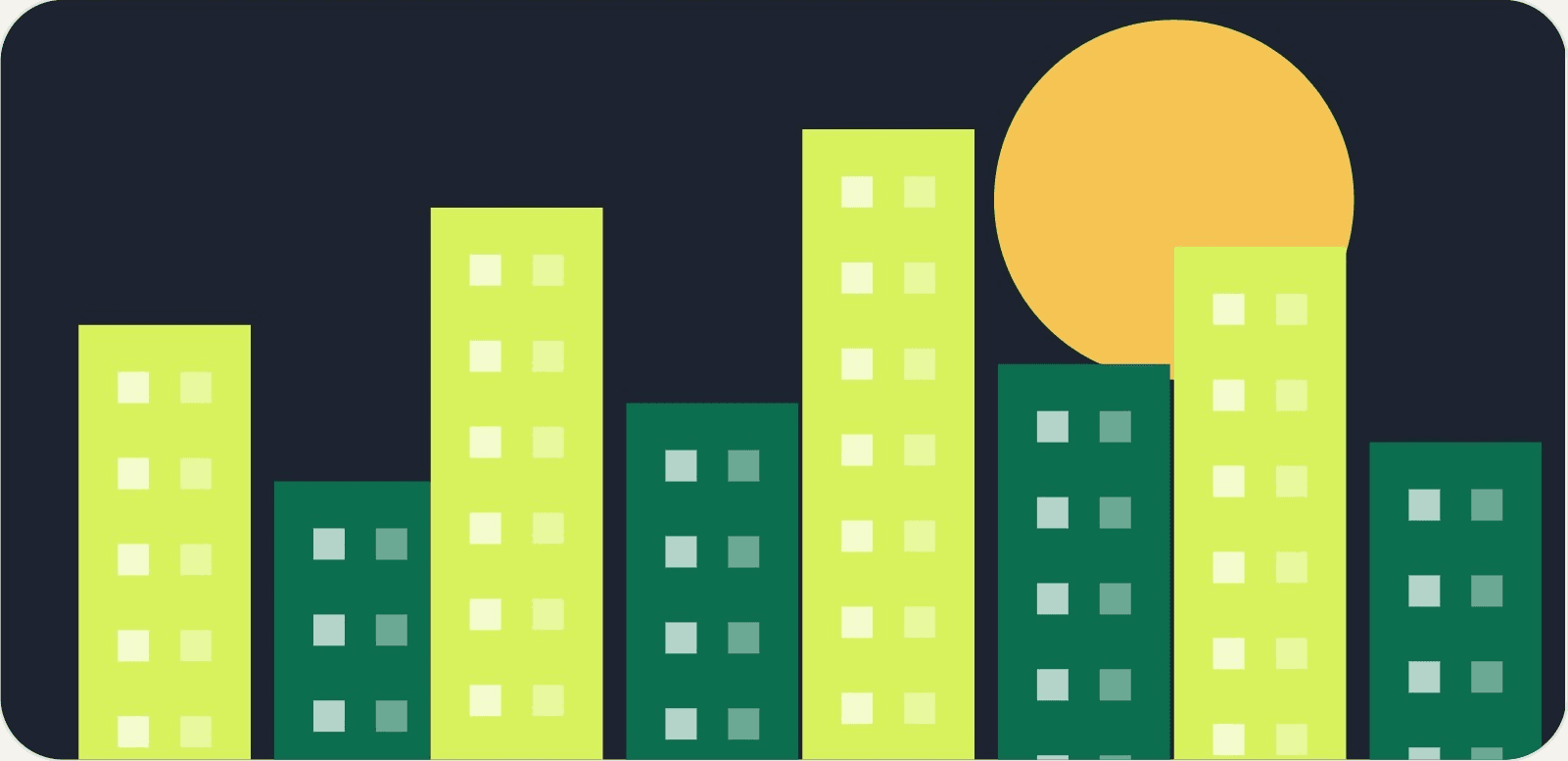 Illustrated city skyline at sunset